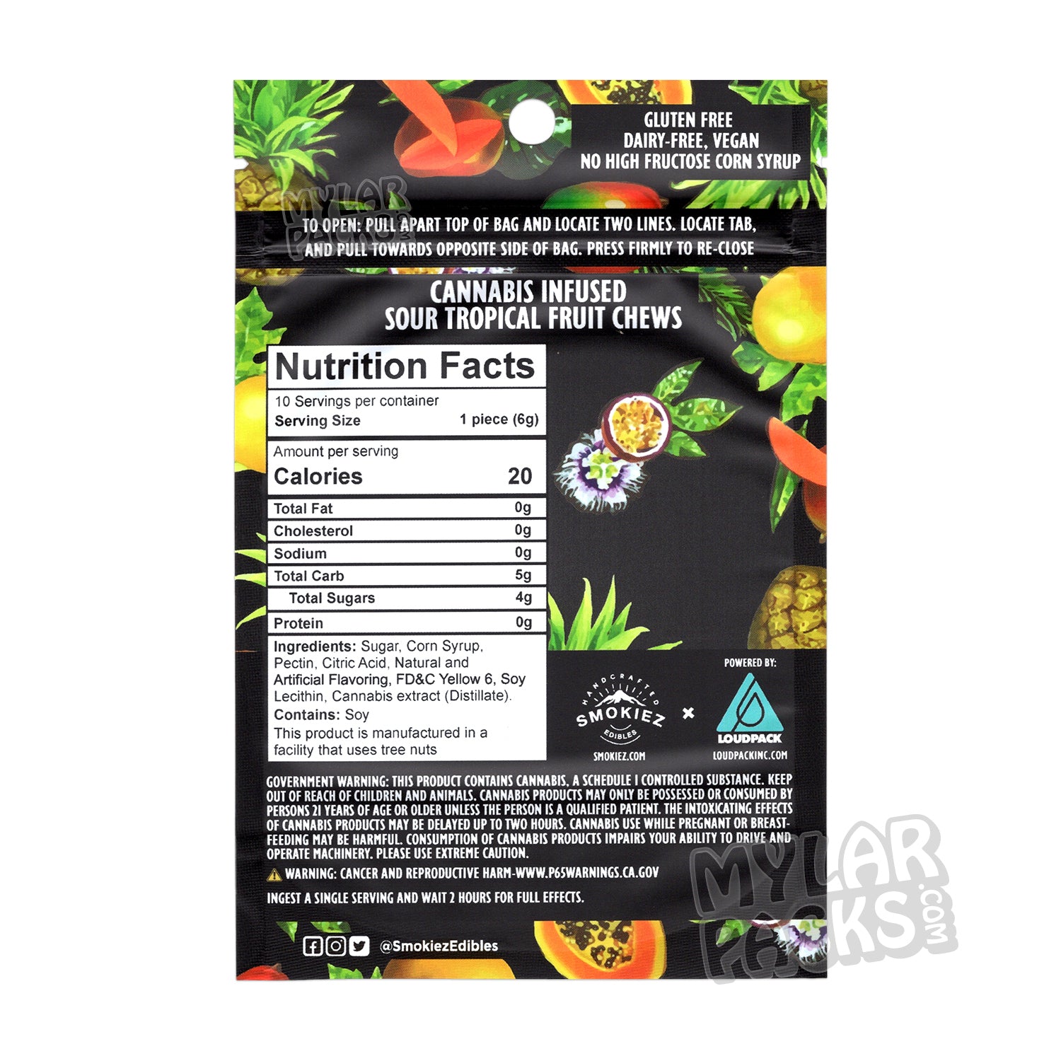 Smokiez Sour Tropical Fruit 500 mg Infusionado Bolsa de Mylar Vacía Envase de Caramelos Comestibles