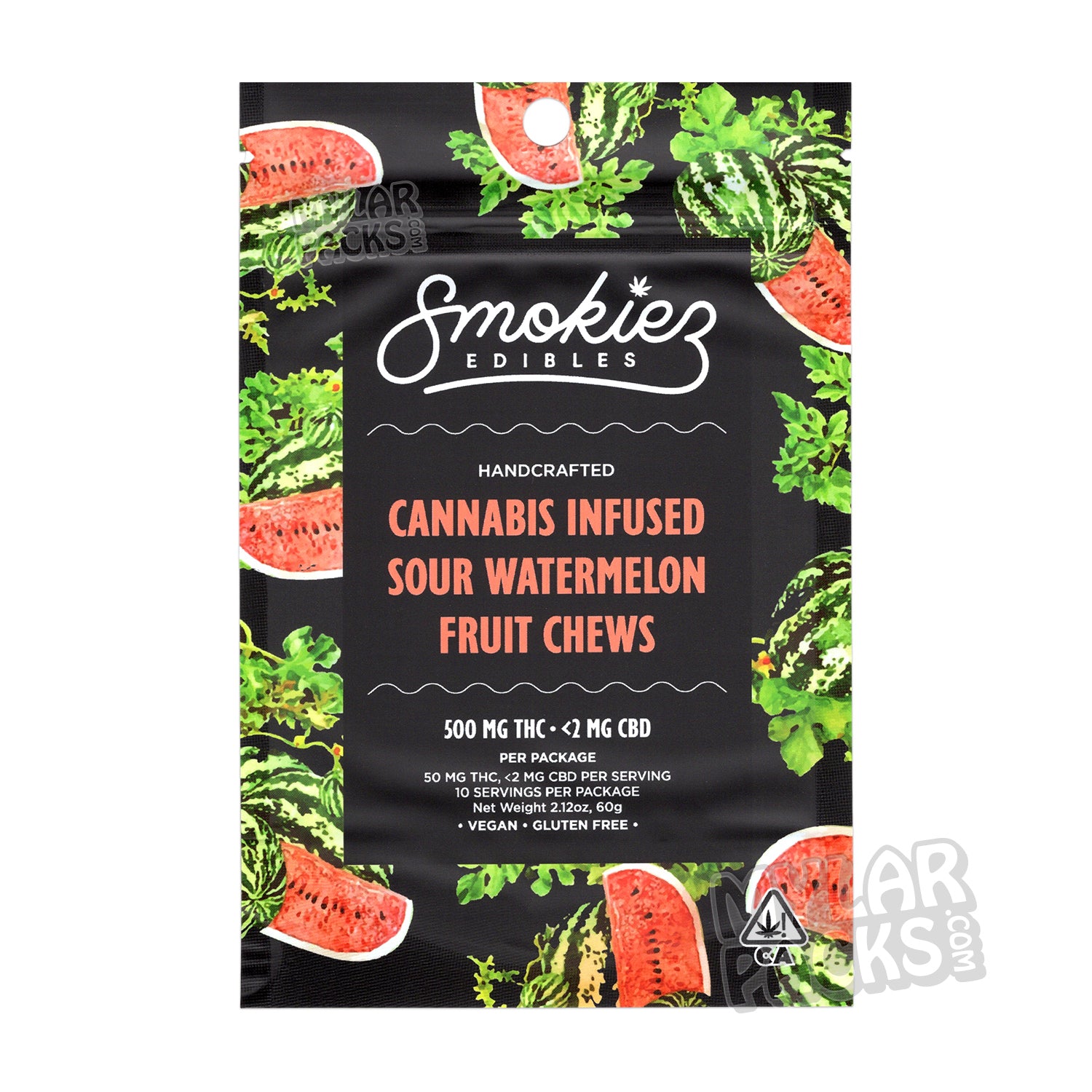 Bolsa de Mylar vacía con sabor a sandía ácida Smokiez de 500 mg, empaque para dulces comestibles