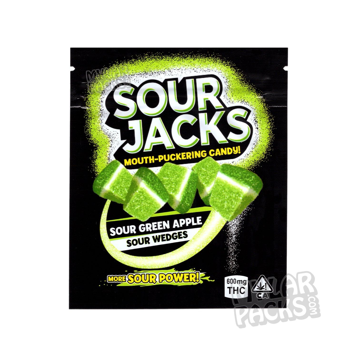 Gajos de manzana verde ácida Sour Jacks de 600 mg, bolsa de mylar vacía, comestibles, empaque para dulces