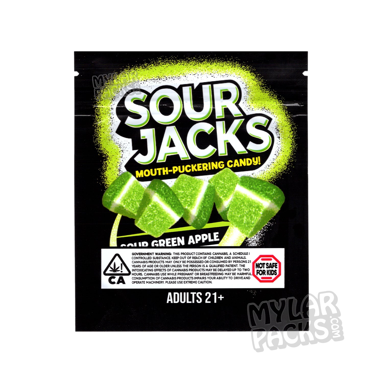 Gajos de manzana verde ácida Sour Jacks de 600 mg, bolsa de mylar vacía, comestibles, empaque para dulces