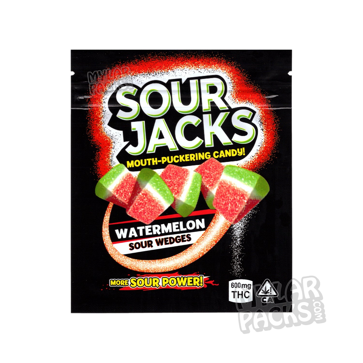 Sandía en gajos Sour Jacks de 600 mg, bolsa de Mylar vacía, comestible, empaque para dulces