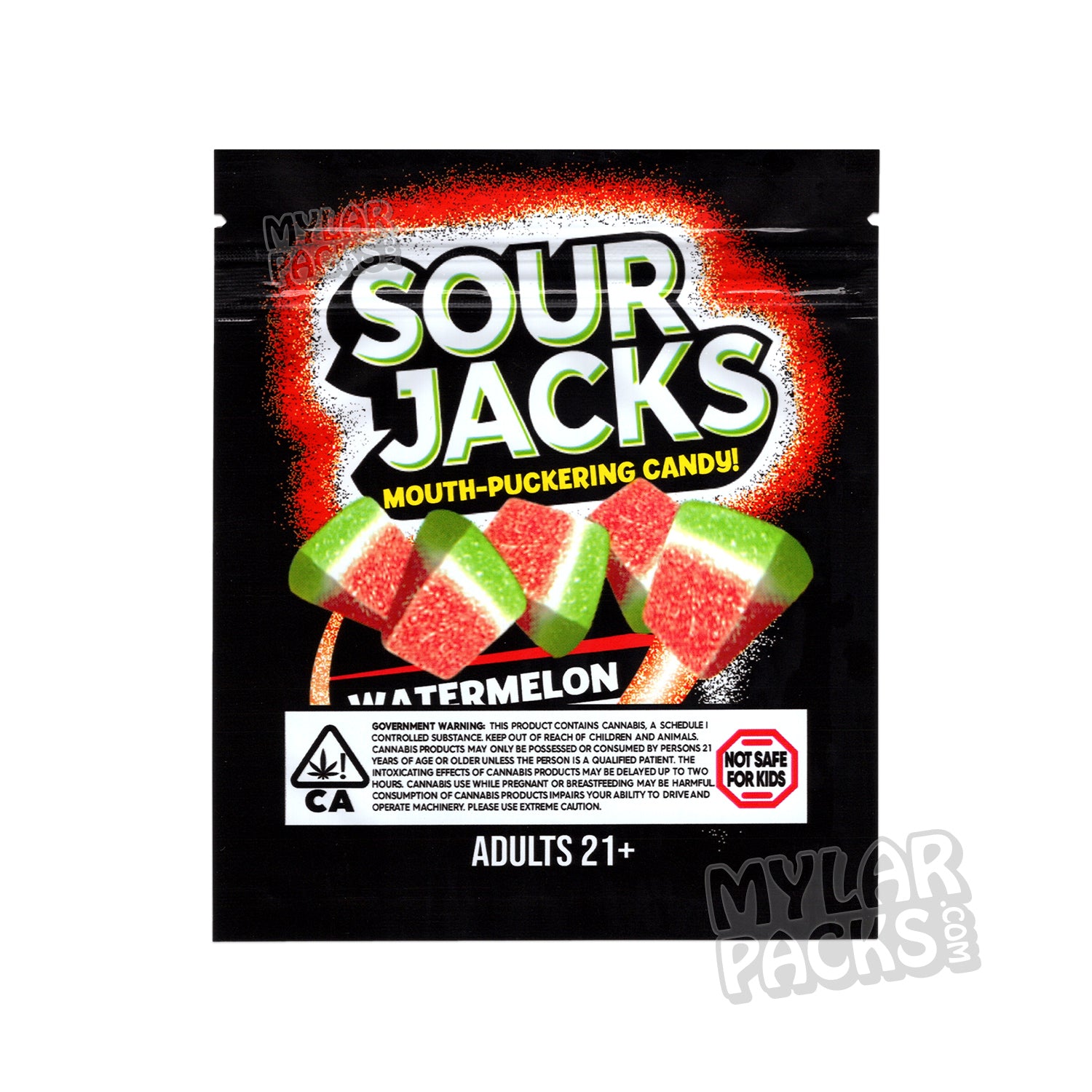 Sandía en gajos Sour Jacks de 600 mg, bolsa de Mylar vacía, comestible, empaque para dulces