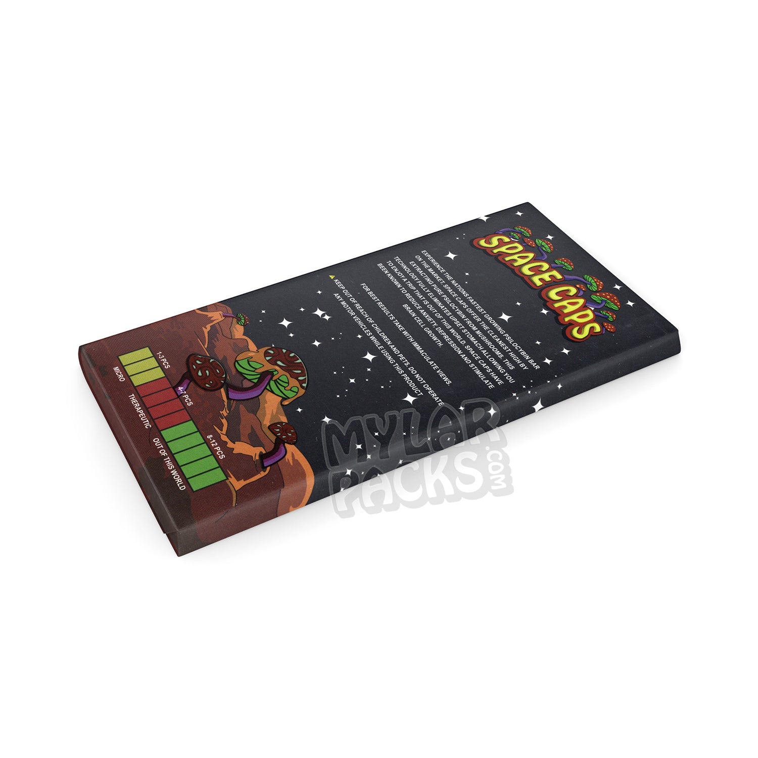 Caja vacía de hongos psilocibios Space Caps con chocolate con leche