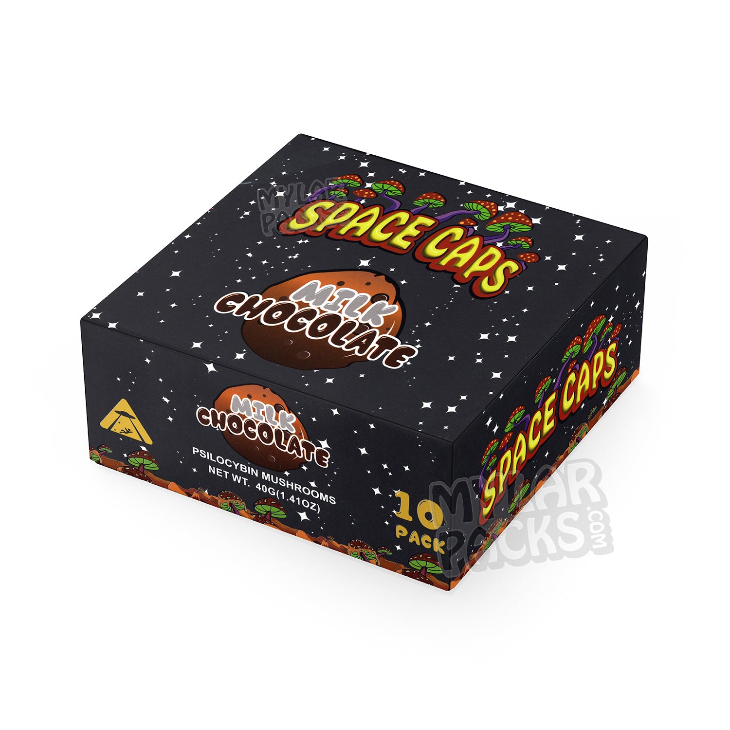 Caja vacía de hongos psilocibios Space Caps con chocolate con leche