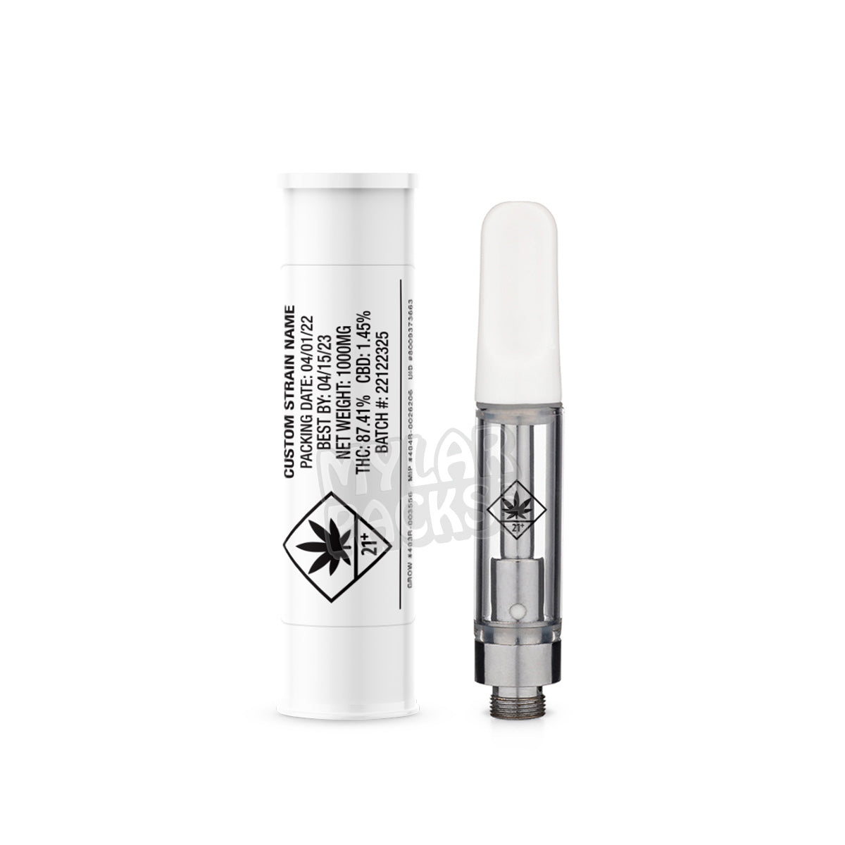 WA State Compliant Ceramic Ccell Carts with Plastic Tube and Customizable Strain Sticker (1" x 2")