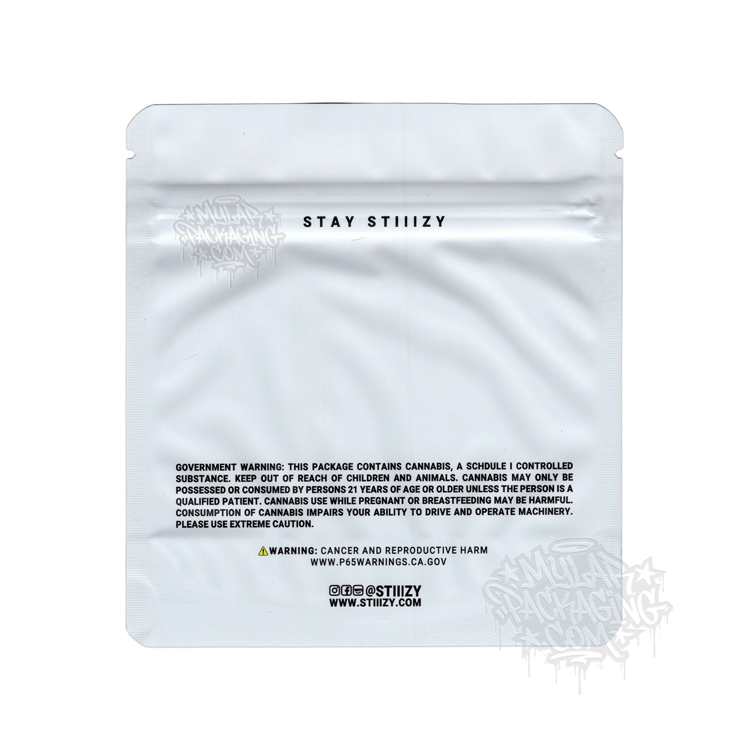 Stiiizy White 3.5g Empty Smell Proof Mylar Premium Flower Bag with Custom Stickers