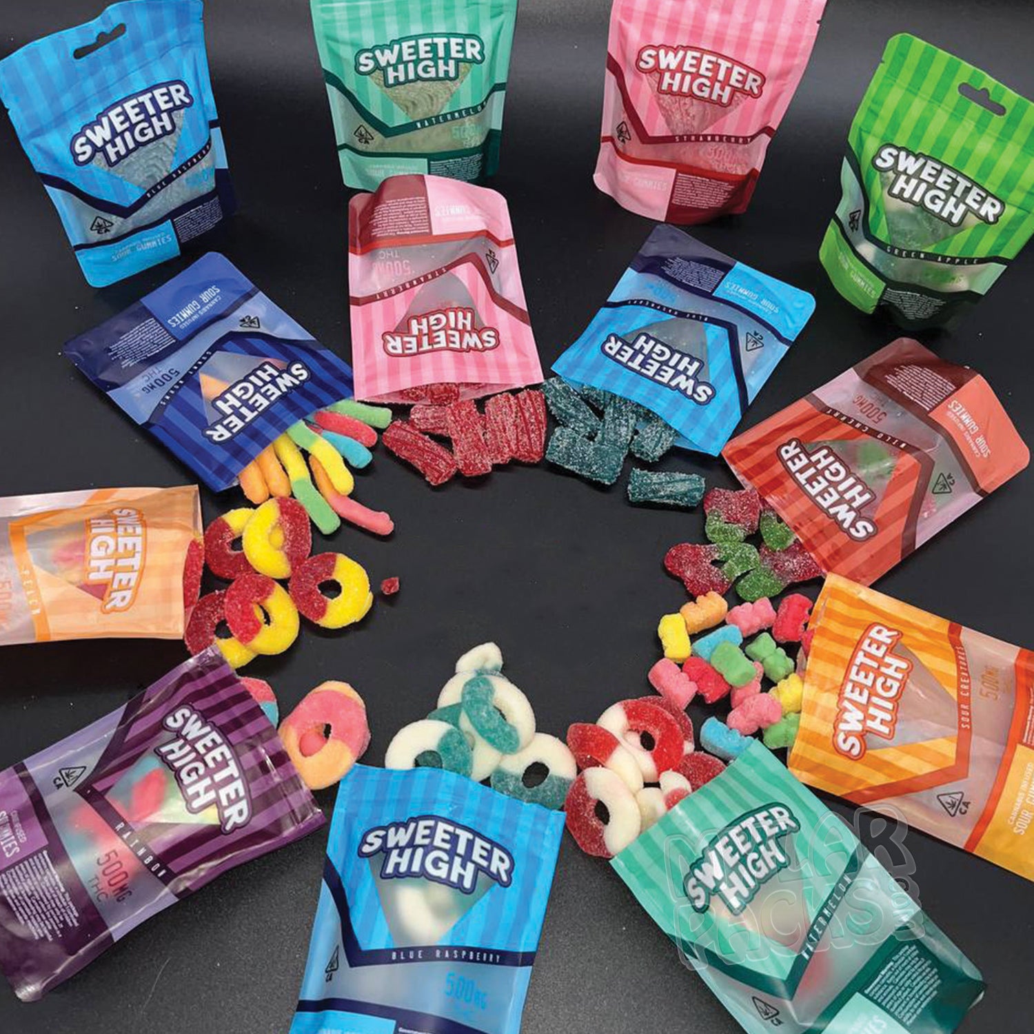 Sweeter High Blue Raspberry Sour Gummies Empty Mylar Bag Edibles Candy Packaging