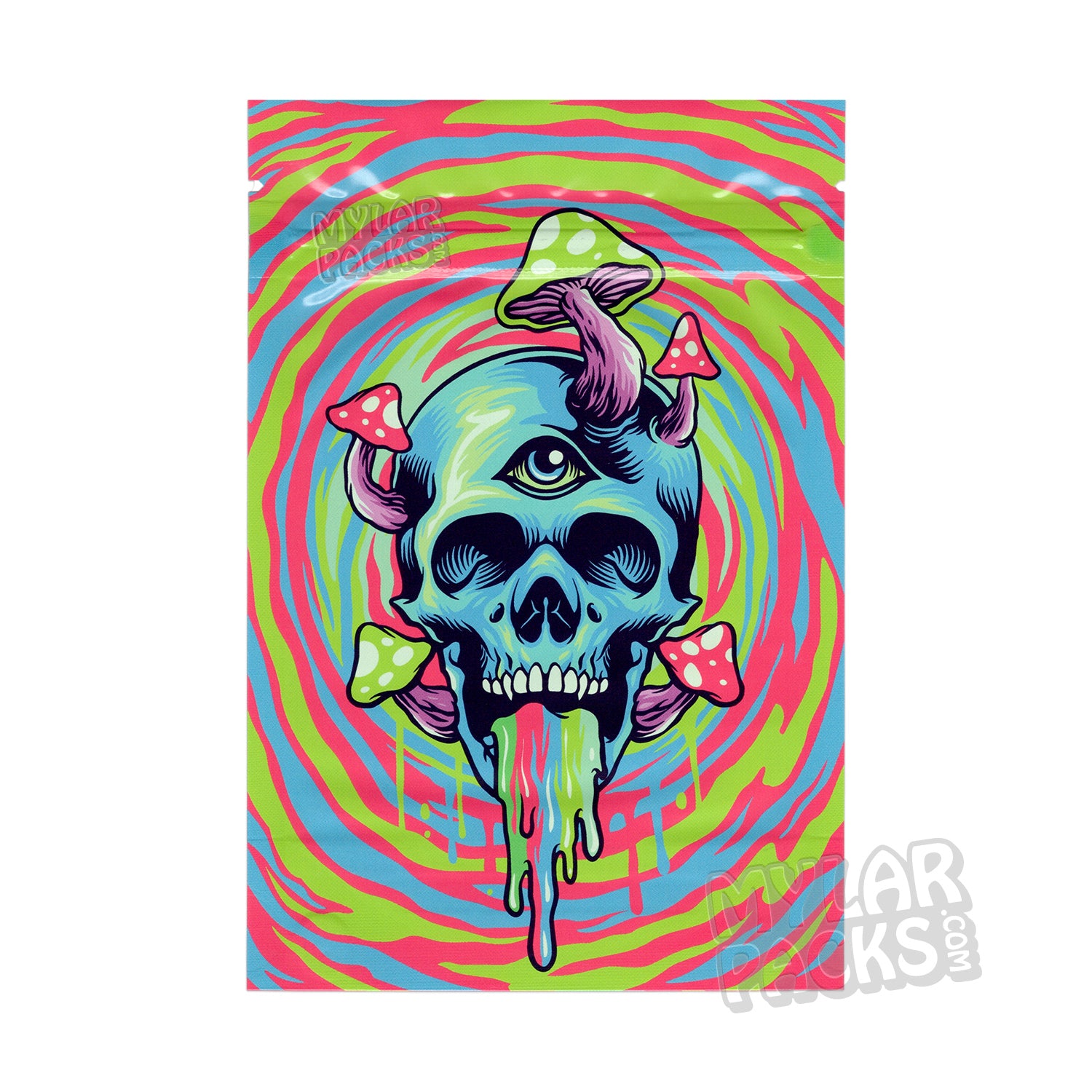 Bolsas vacías de hongos mágicos con forma de calavera psicodélica, embalaje de Mylar para hongos psilocibios
