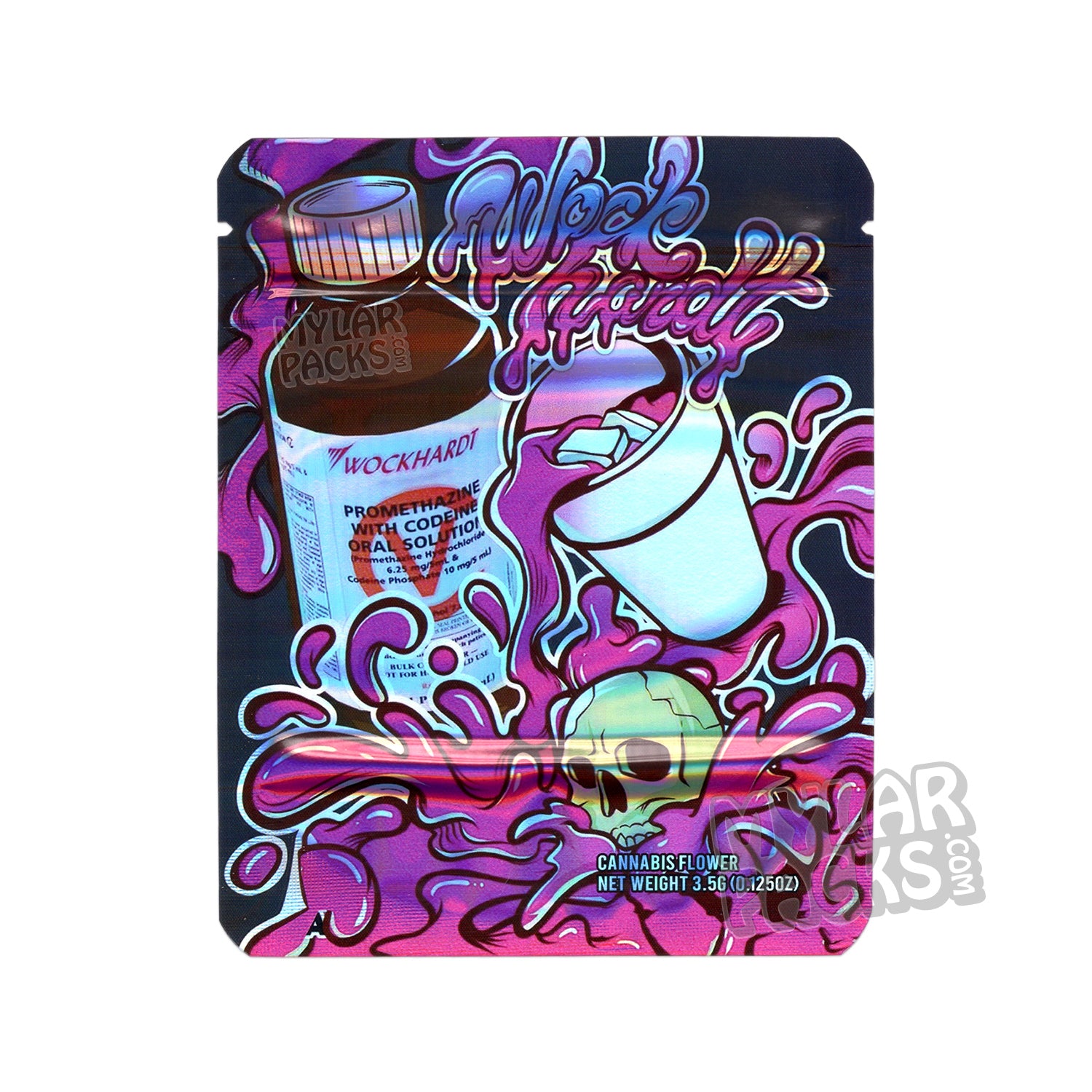 Bolsa de Mylar vacía a prueba de olores Wockhardt Purple Drank de 3,5 g, empaquetado con flores