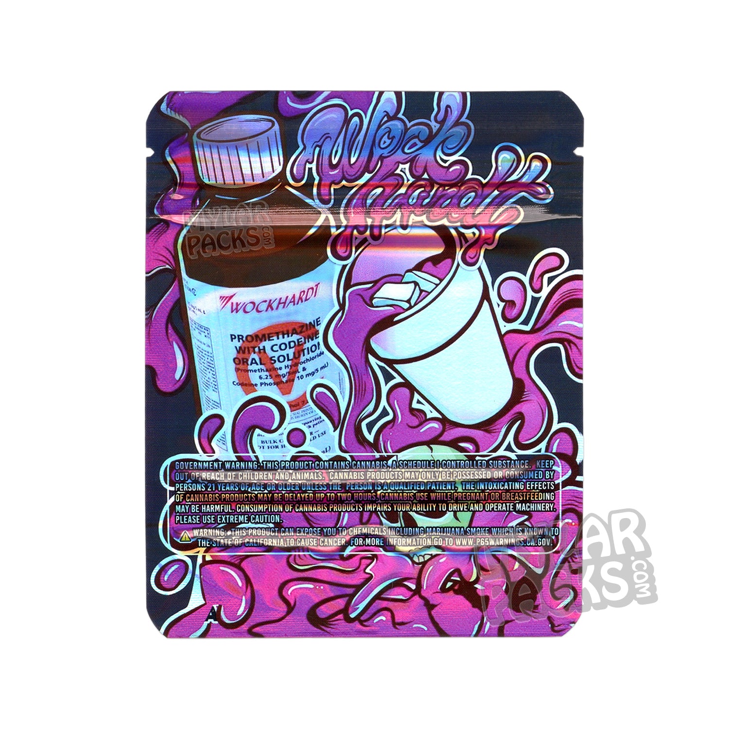 Bolsa de Mylar vacía a prueba de olores Wockhardt Purple Drank de 3,5 g, empaquetado con flores