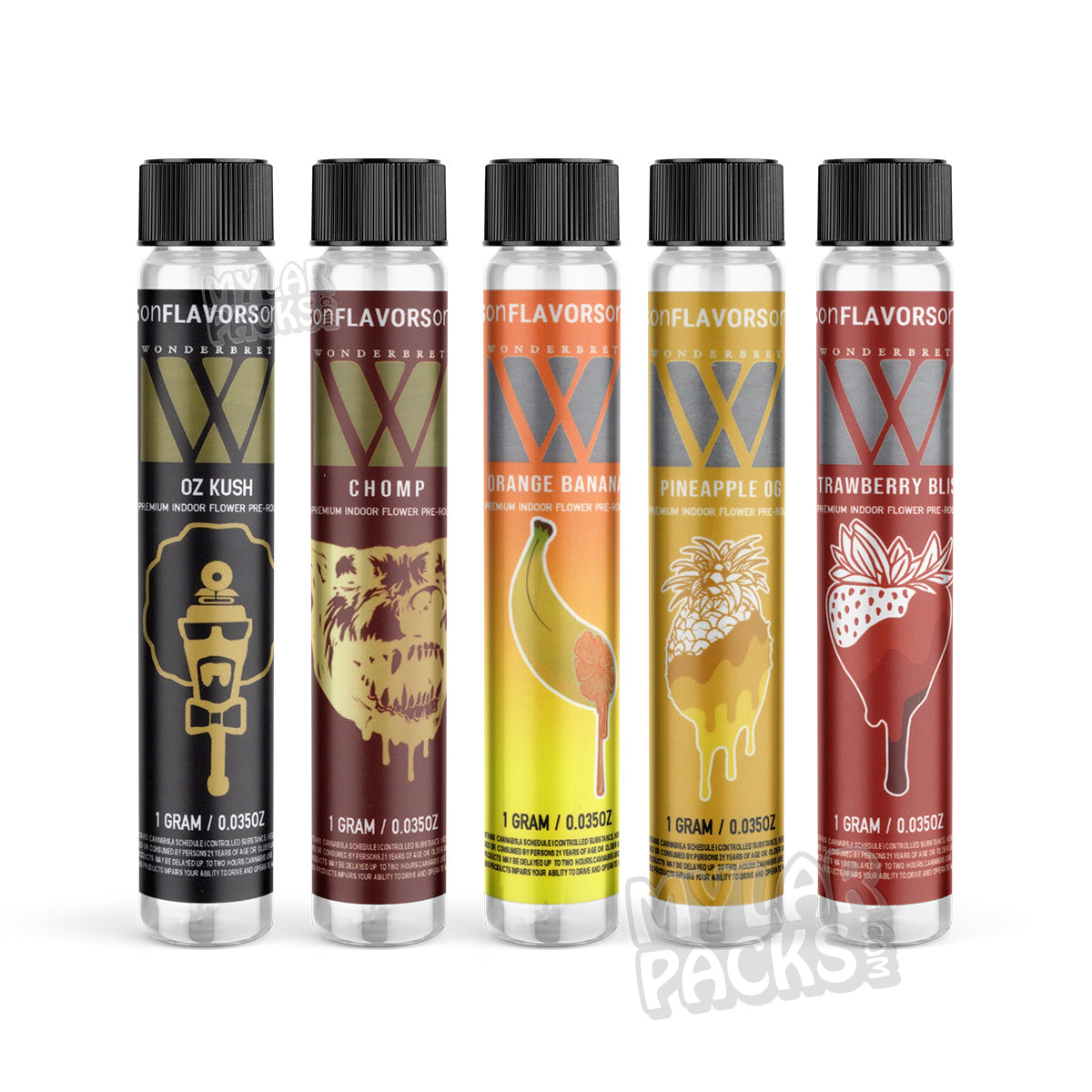 Wonderbrett 1g Envase individual pre-enrollado vacío con tubo de vidrio y pegatinas