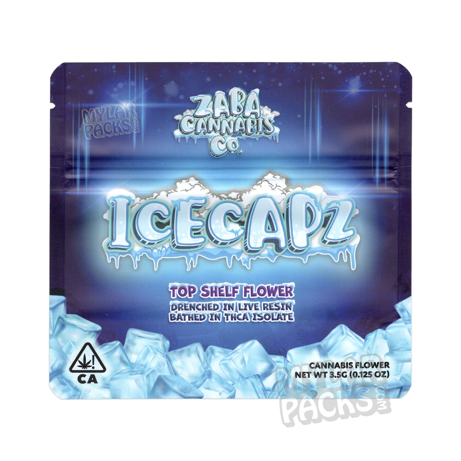 Ice Capz de Zaba Cannabis Co., bolsa de mylar vacía de 3,5 g, embalaje de flores y nieve.