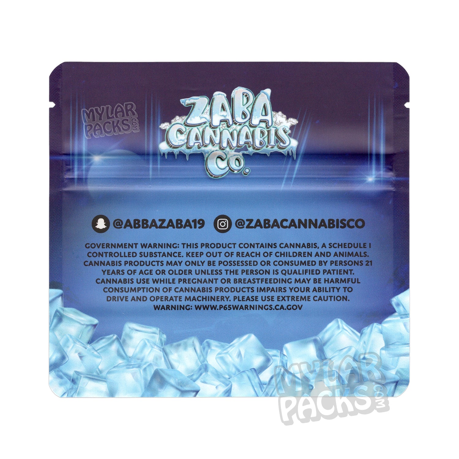 Ice Capz de Zaba Cannabis Co., bolsa de mylar vacía de 3,5 g, embalaje de flores y nieve.